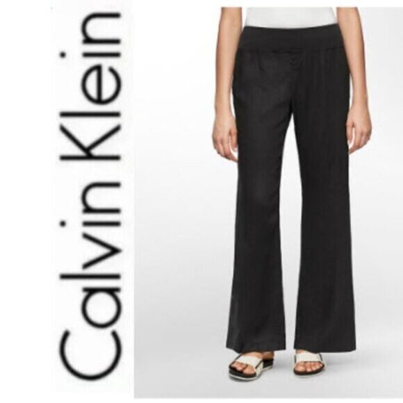 Calvin Klein Black Linen Flared Trousers Pants - Picture 1 of 13